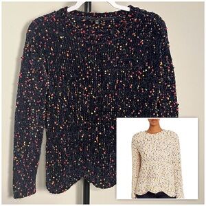 EUC Alison Andrews Navy Scalloped Hem Colorful Confetti Chenille Sweater Small